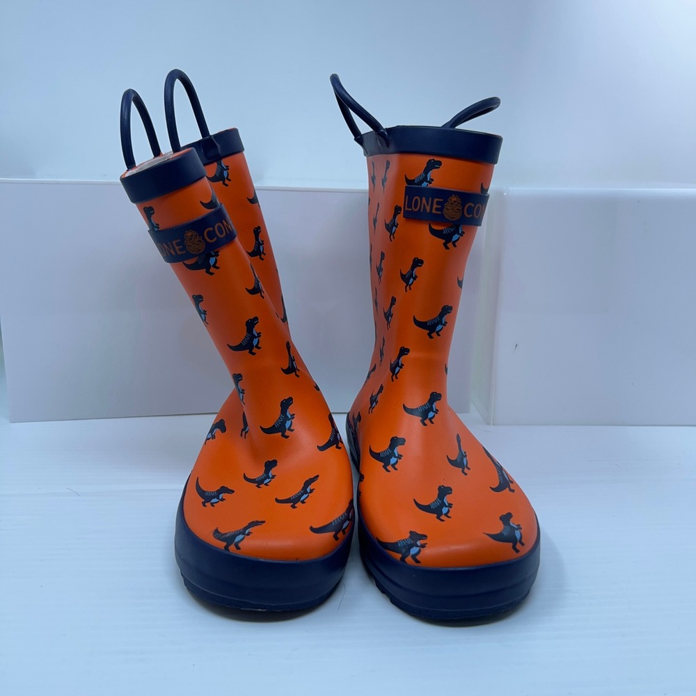 Lone Cone Kids Size 3 Orange Dinosaur Pattern Rubber Rain Boots New
